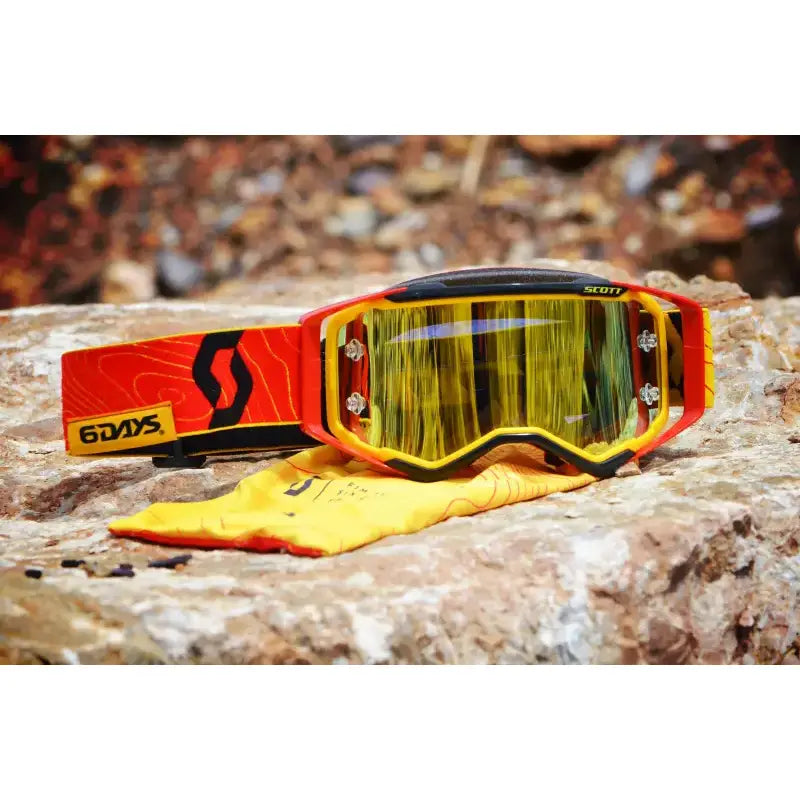 Red and yellow motocross goggles with mirrored lens for Prospect Le 6 Days Goggle ISDE Spain