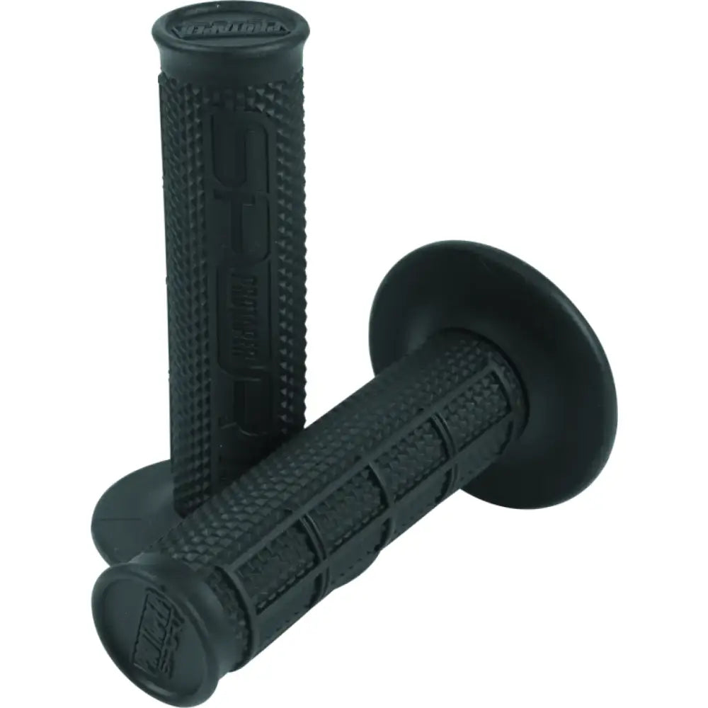 Black waffle grips on motorcycle handlebar for a sleek black look and smooth riding experience