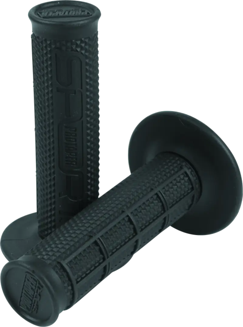 Black waffle grips on motorcycle handlebar for a sleek black look and smooth riding experience