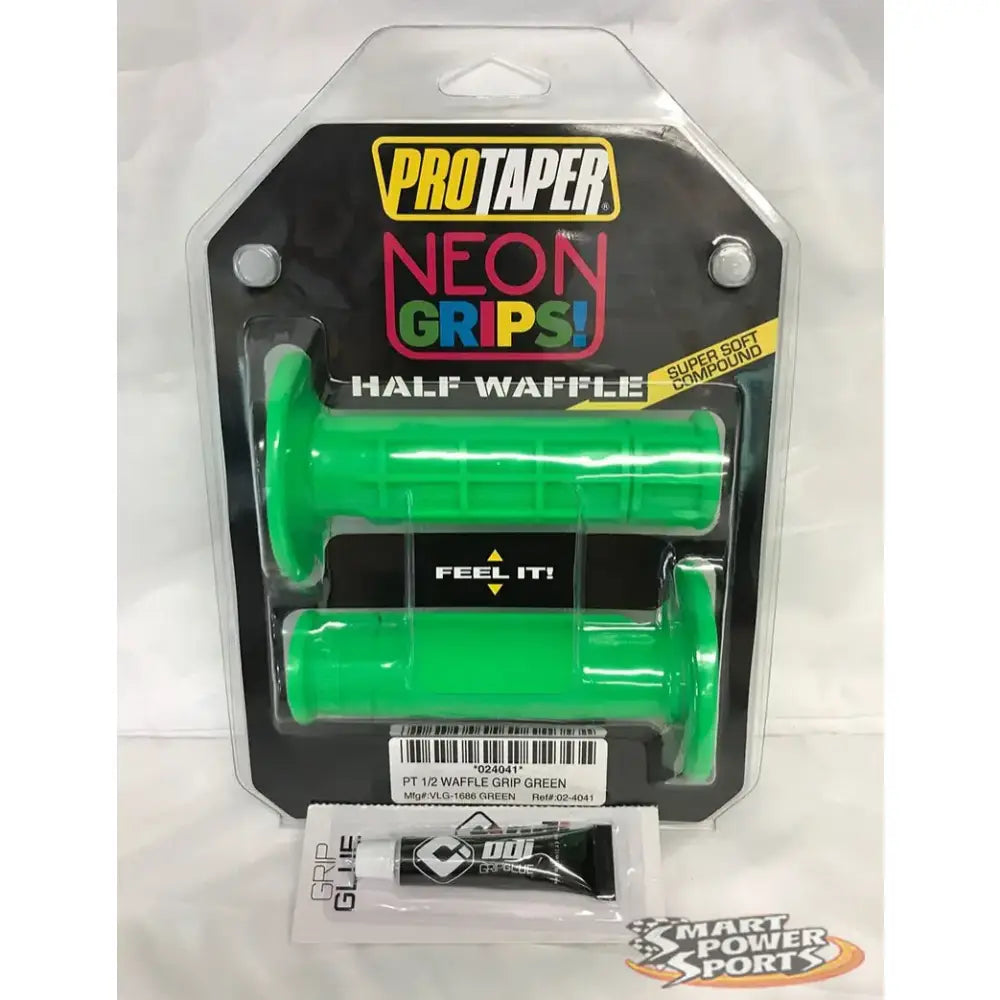 Neon green waffle grips for motorcycle handlebars, easy to install and stylish