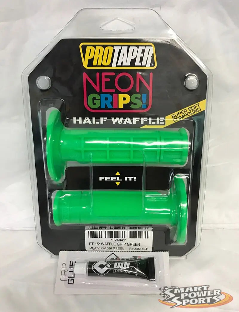 Neon green waffle grips for motorcycle handlebars, easy to install and stylish