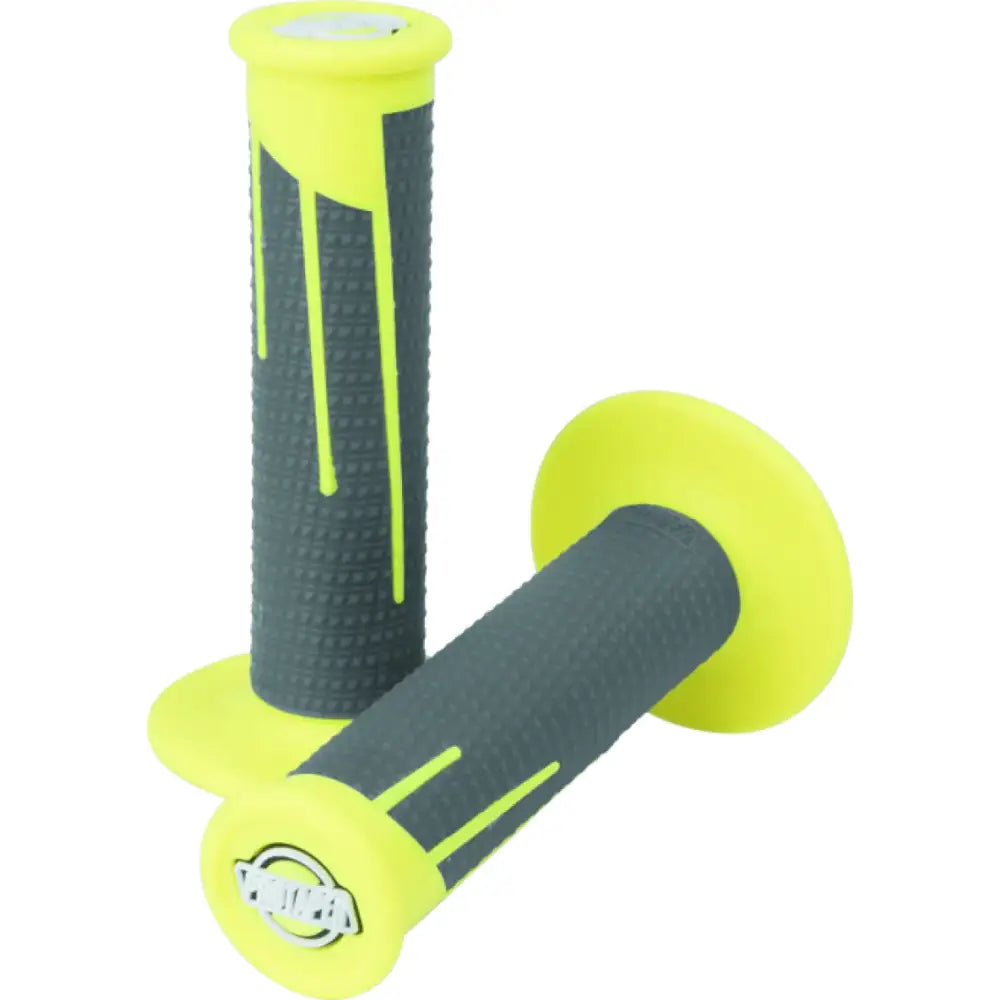 Gray and yellow motorcycle handlebar grips from ProTaper in neon yellow and dark gray colors
