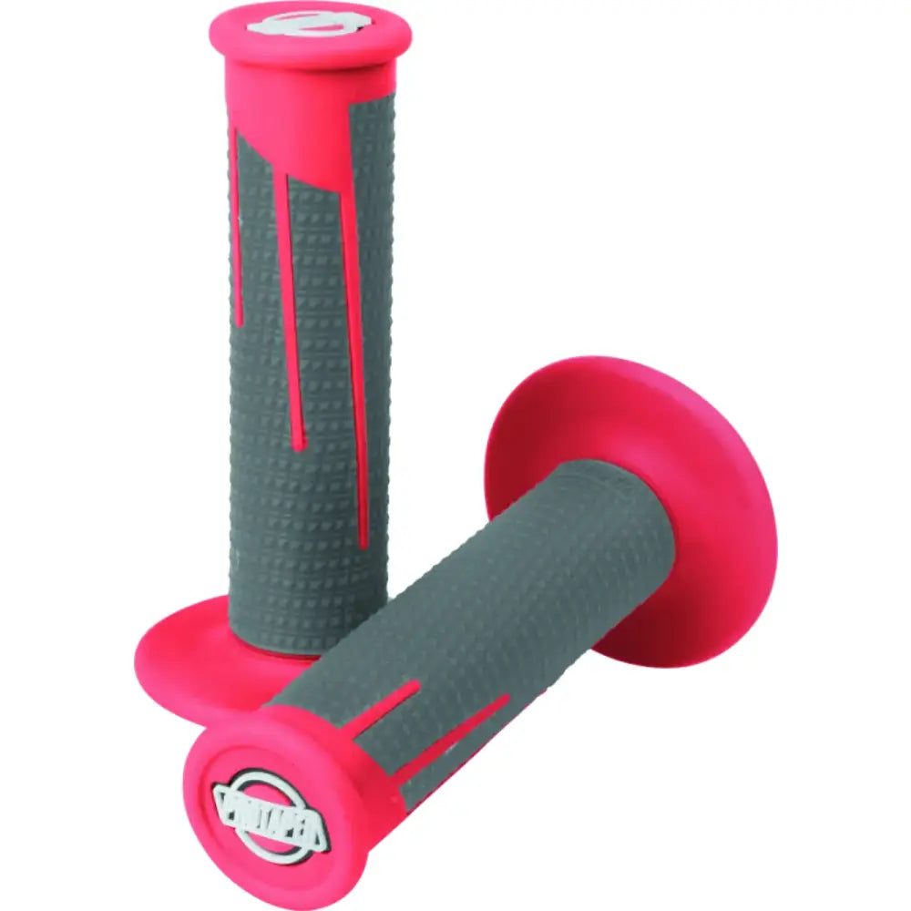 Pink and gray motorcycle handlebar grips with red dark gray accents for style