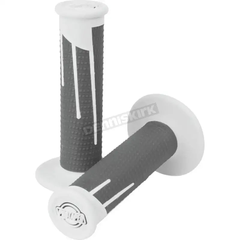 Gray and white motorcycle handlebar grips in dark gray and white dark colors