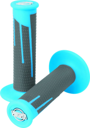 Neon blue and dark gray diamond clamp-on grips for motorcycle handlebars