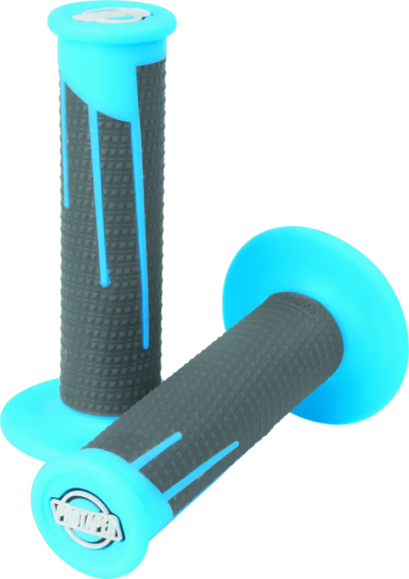 Neon blue and dark gray diamond clamp-on grips for motorcycle handlebars