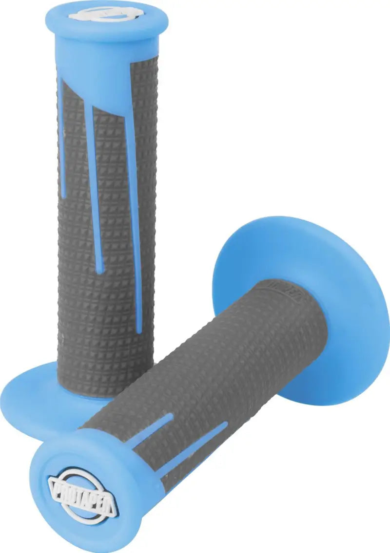 Blue and gray diamond clamp-on grips for motorcycles featuring neon blue and dark gray colors