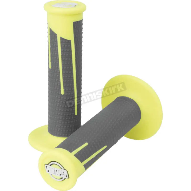 Yellow dark gray and neon yellow motorcycle handlebar grips for pro style riding