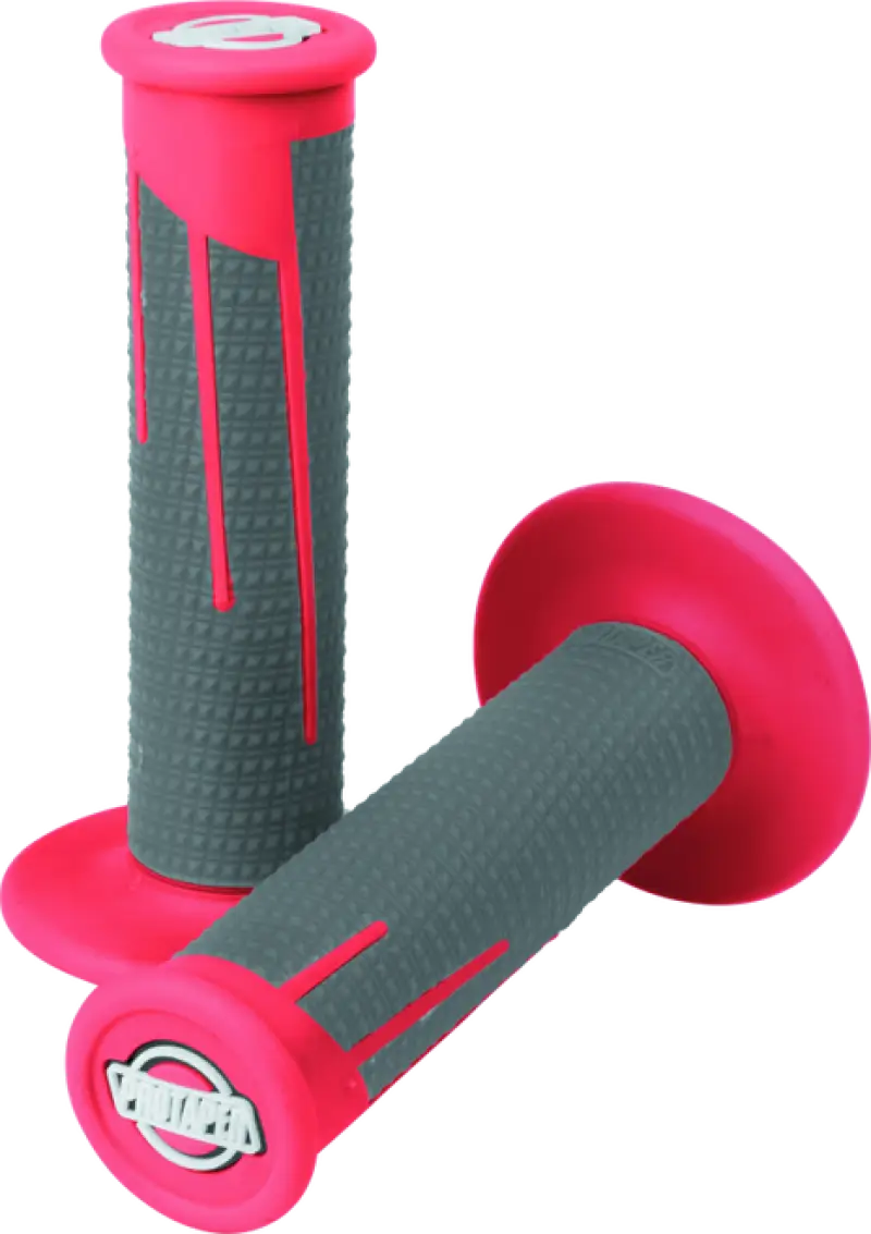 Pink and gray motorcycle handlebar grips with red dark gray accents for ProTaper grips
