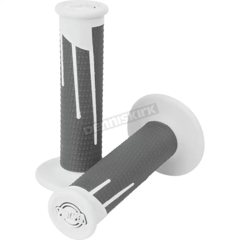 Gray and white motorcycle handlebar grips in dark gray and white dark colors