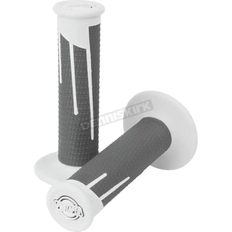 Gray and white motorcycle handlebar grips in dark gray and white dark colors