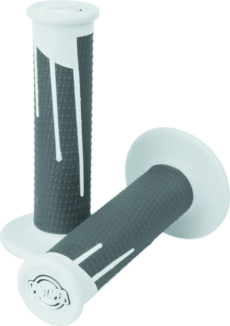 Gray and white motorcycle handlebar grips in dark gray and white dark colors for style