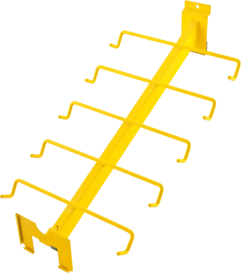Yellow metal wall-mounted tool rack for ProTaper Grips Slat Wall Arm inspection