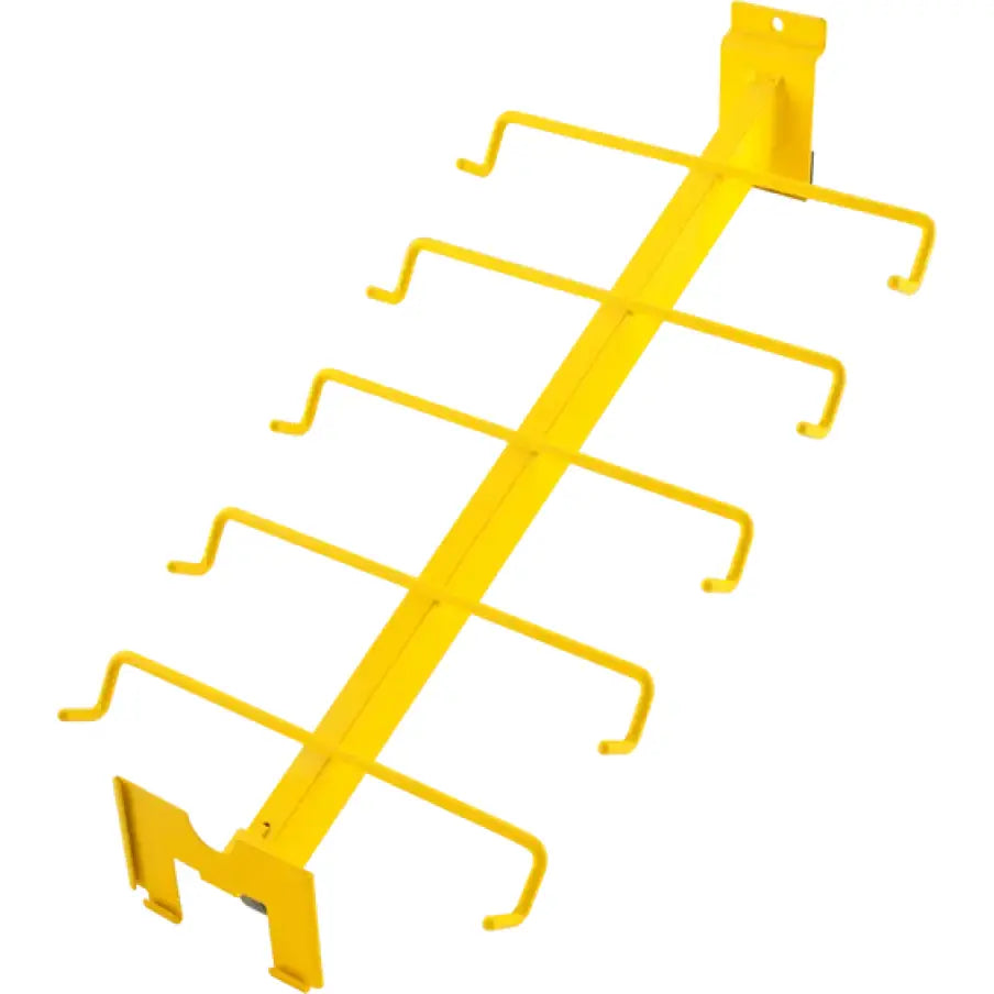 Yellow metal wall-mounted tool rack for ProTaper Grips Slat Wall Arm inspection