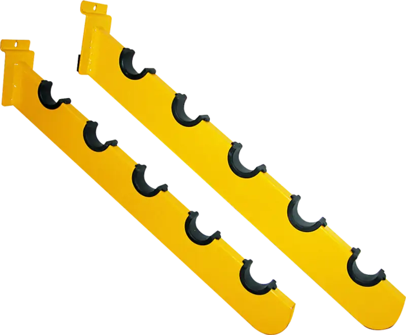 Yellow metal storage racks on ProTaper Slat Wall Waterfall pair for organized storage
