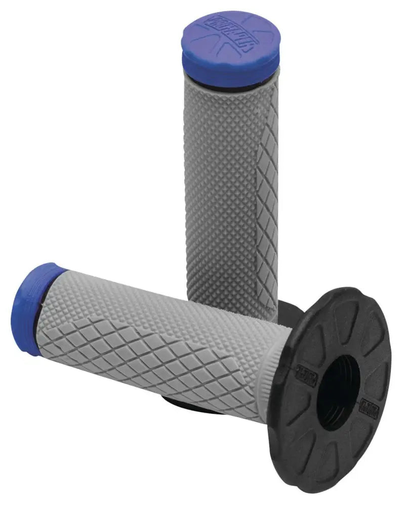 Gray motorcycle handlebar grips with blue ends, ProTaper Tri Density Diamond MX Grips