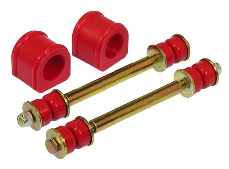 Red polyurethane sway bar bushings and gold-colored metal sway bar links for GM trucks