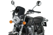 Black Honda motorcycle with Puig 7593F Windscreen Retrovision in black dark smoke style