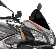 Gray and black Aprilia motorcycle front with Puig 7615N Windscreen Racing Black