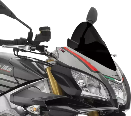 Gray and black Aprilia motorcycle front with Puig 7615N Windscreen Racing Black
