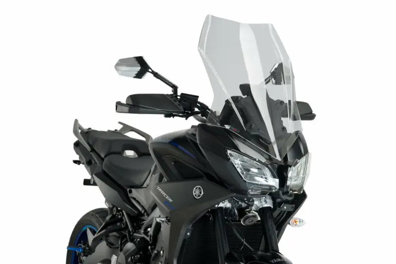 Black Yamaha motorcycle with Puig 9725W windscreen and blue accents on clear touring windscreen