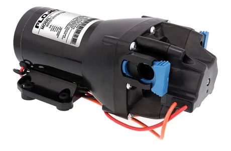 Black water pump with blue fittings from Q301V-117S-3A Xylem Flojet, 12V, 3GPM