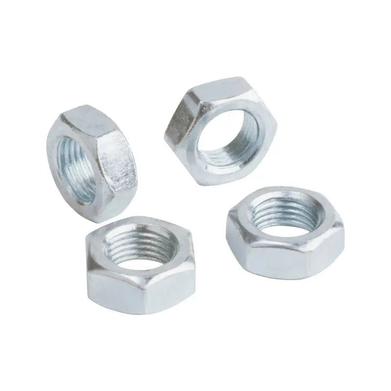 Four silver steel jam nuts, 3/4-16 left hand, 1-1/8in hex for heavy-duty grip