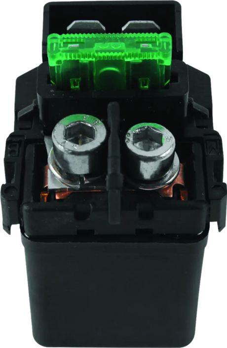 Black electrical component with green fuse and metal terminals for Kawasaki KFX700 VForce