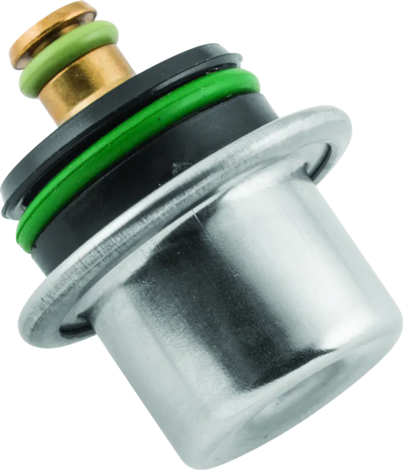 Chrome-plated fuel pressure regulator with black housing and green O-rings for Polaris Ranger fuel pump rebuild