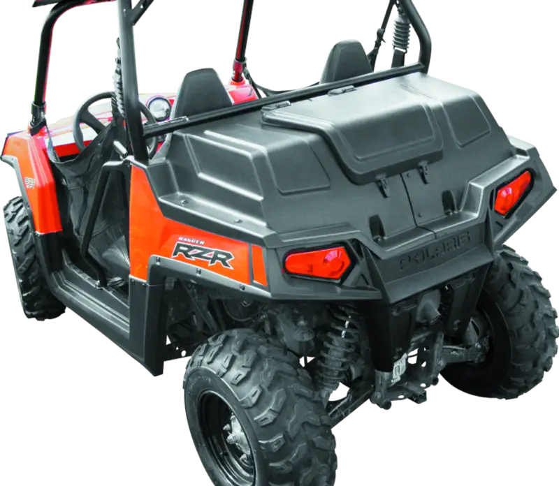 Orange and black Polaris RZR with cargo bed cover for QuadBoss RZR 800 cargo bed