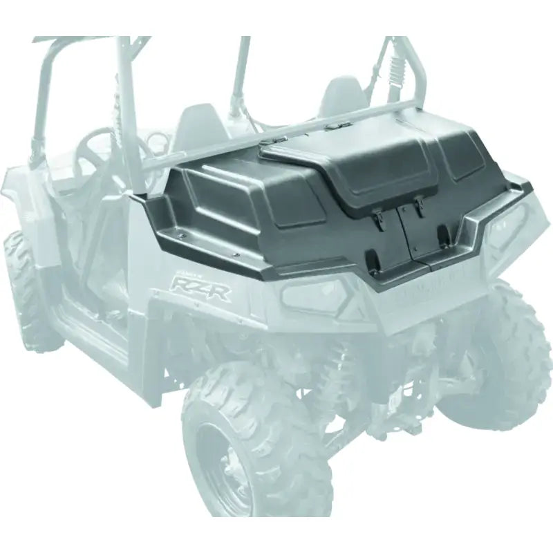 Black utility vehicle storage box for Polaris RZR cargo bed cover on QuadBoss 08-14 RZR 800