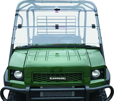 Green Kawasaki KAF620M Mule utility vehicle with folding windshield for the Kawasaki KAF620M mule