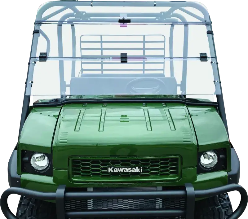 Green Kawasaki KAF620M Mule utility vehicle with folding windshield for the Kawasaki KAF620M mule