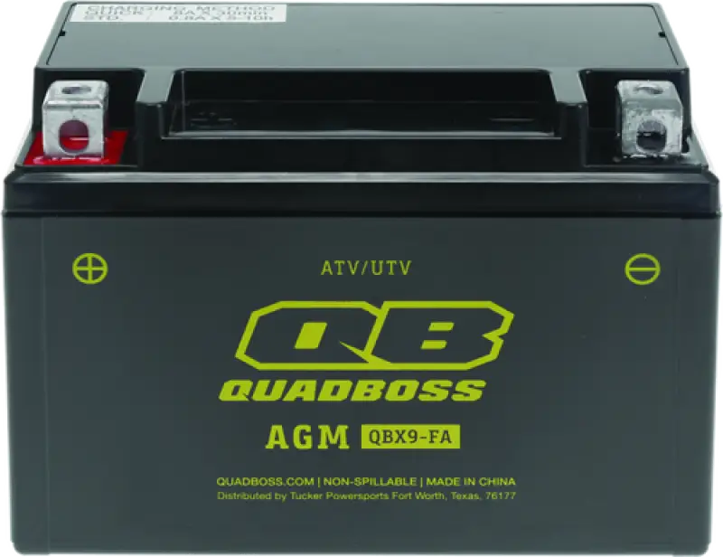 QuadBoss AGM battery for Arctic Cat 350, maintenance-free black yellow design