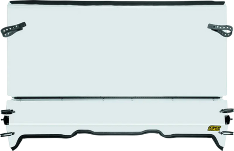 White truck bed cover on Polaris Ranger with windbreak folding windshield for protection