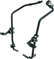 Black motorcycle highway bar foot pegs on Yamaha YFM700 Grizzly winch mount attachment