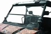 Camouflage utility vehicle with windshield showing Can-Am Defender HD10 windbreak folding windshield