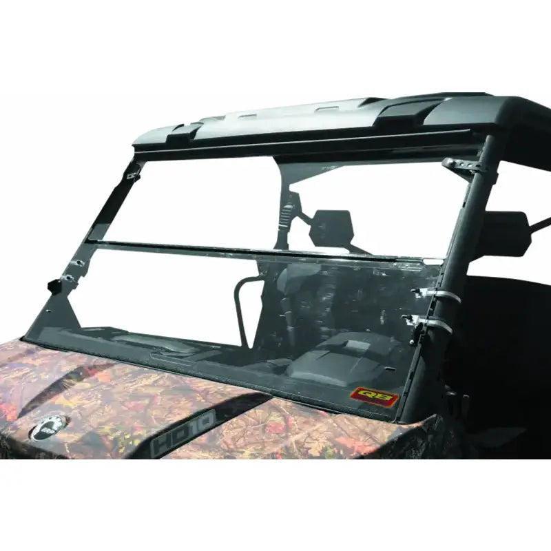 Camouflage utility vehicle with windshield showing Can-Am Defender HD10 windbreak folding windshield