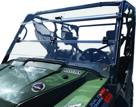 Green Kawasaki KRF800 Teryx windbreak folding windshield on utility terrain vehicle