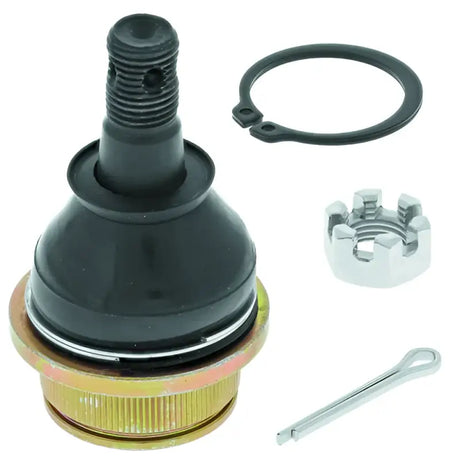Black and gold ball joint with castellated nut cotter pin and retaining ring for Kawasaki Mule SX steering rack assembly