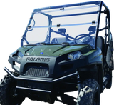 Green Polaris Ranger utility vehicle with windbreak folding windshield for protection