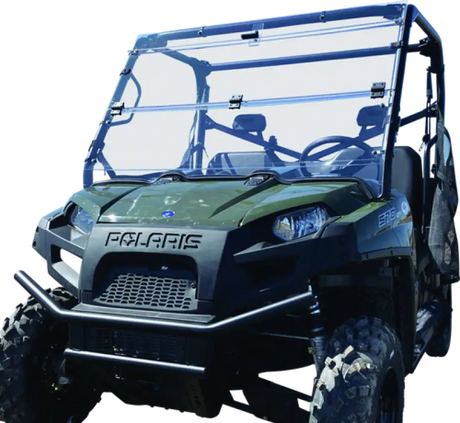 Green Polaris Ranger utility vehicle with windbreak folding windshield for protection