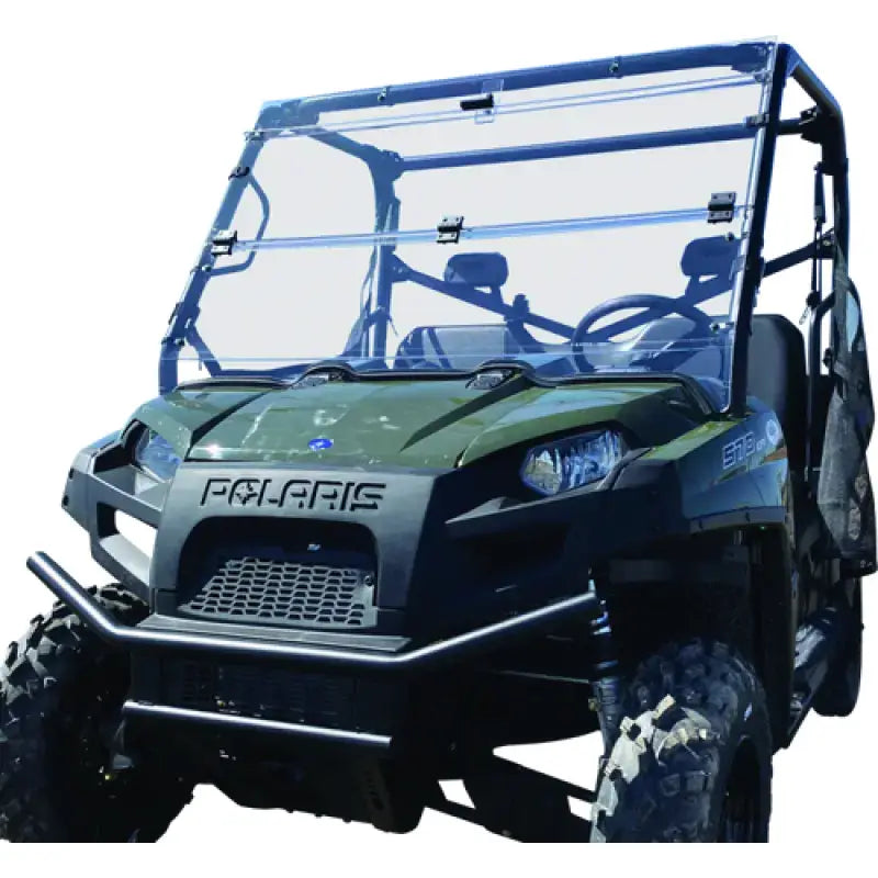 Green Polaris Ranger utility vehicle with windbreak folding windshield for protection