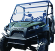 Green Polaris Ranger Crew utility vehicle with folding windshield for off-road adventures