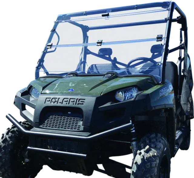 Green Polaris Ranger Crew utility vehicle with folding windshield for off-road adventures