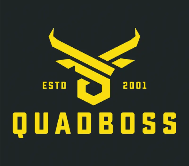 Yellow bull logo on a 48in x 48in logo banner for QuadBoss product