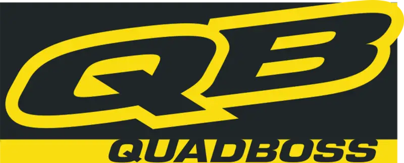 Yellow and black QB QUADBOSS logo banner on a 48in x 48in logo banner