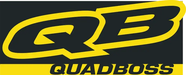 Yellow and black QB QUADBOSS logo on a 72in x 29in QuadBoss logo banner