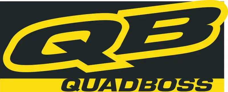 Yellow and black QB QUADBOSS logo on a 72in x 29in QuadBoss logo banner