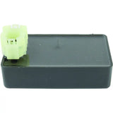 Black rectangular electronic component with a green connector.